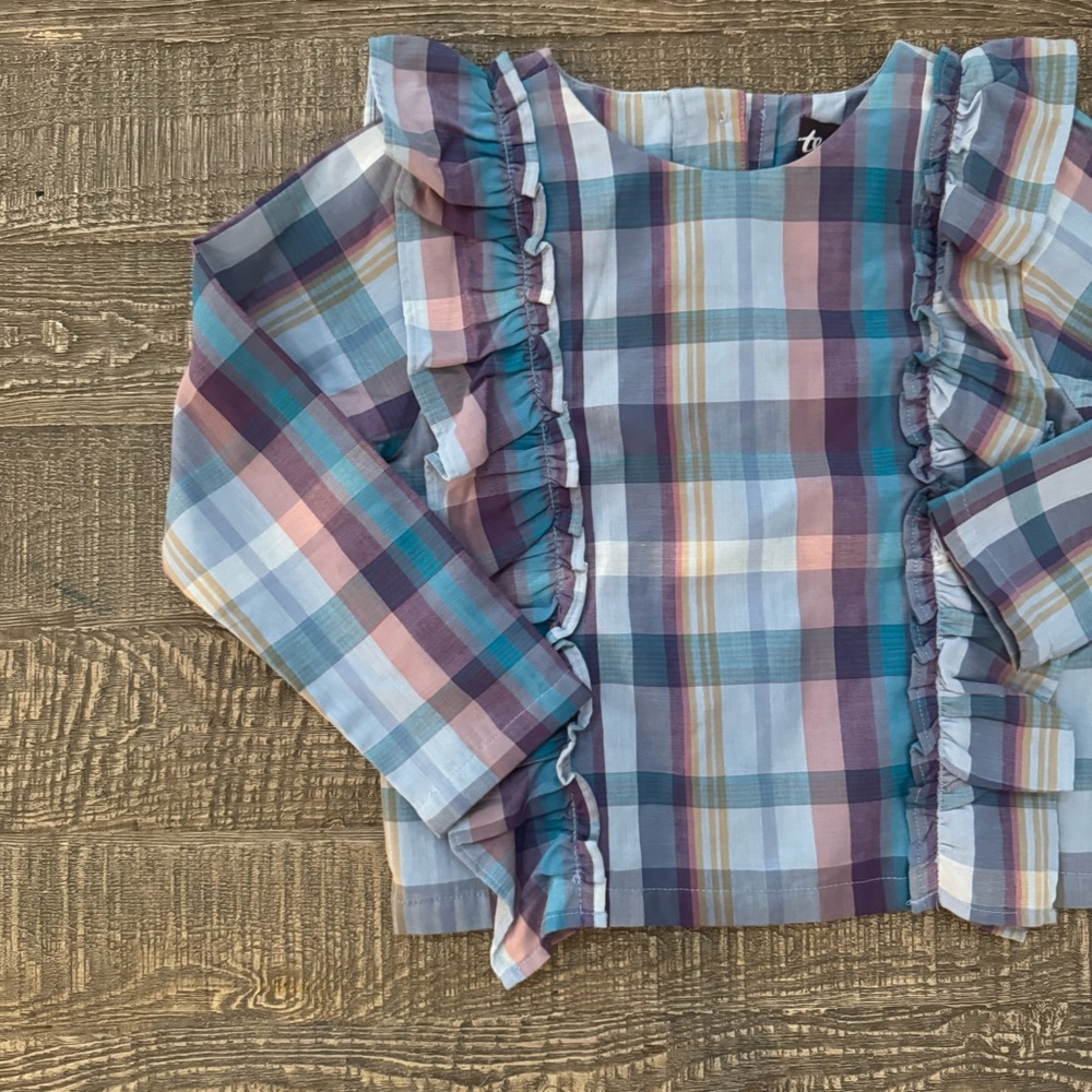 Tea Collection Plaid Ruffle Button Back Shirt Size 6 NWOT - Picture 3 of 8
